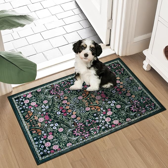 PLHXFR 2x3 Small Entryway Rug: Floral Washable Indoor Carpet Dark Green | For Entrance, Bedroom, Kitchen, Laundry, Bathroom,Door Mat,Vintage Floral,Machine washable,Non-Slip,Stain Resistant,Indoor