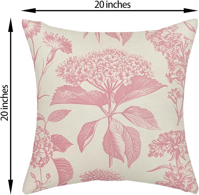 Pink Pillow Covers 20x20 Inch 2 Pcs Boho Vintage Floral Decor Throw Pillows Hydrangea Flower Seasonal Outdoor Farmhouse Neutral Accent Decoration Pillowcase Linen Cushion Cover for Sofa
