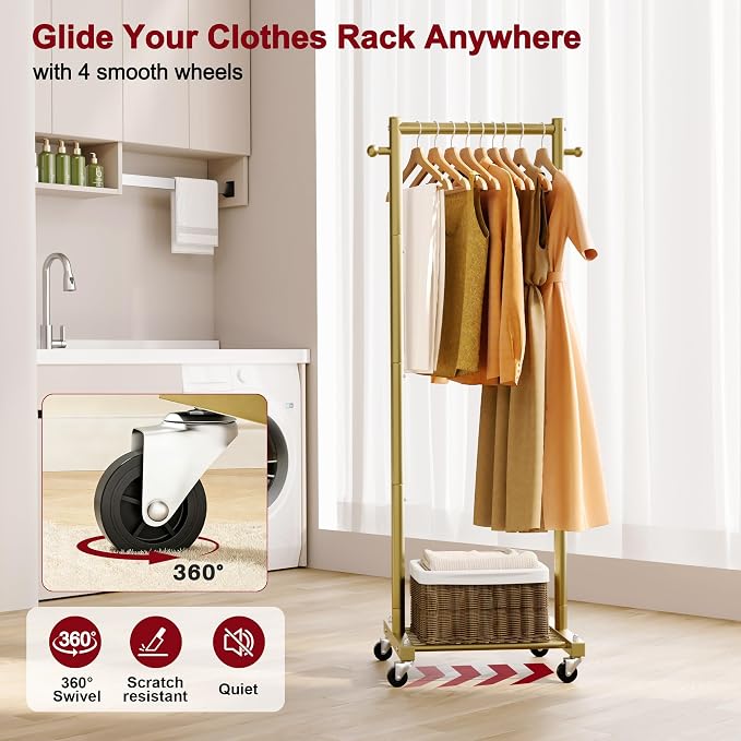 SLEEPING LAMB Small Clothes Racks for Hanging Clothes, Rolling Clothing Rack with Shelves, 60" Metal Garment Rack with Wheels Portable Wardrobe Rack for Small Space, Gold