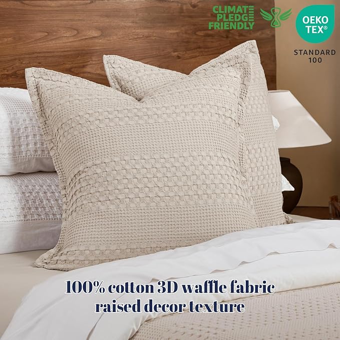 PHF 100% Cotton Ruffle Waffle Weave Euro Sham Covers, 2 Pack 26" x 26" Bed Pillow Covers for Elegant Home Decor, No Filling, Luxury Aesthetic Euro Pillow Cases for Bed, Oatmeal