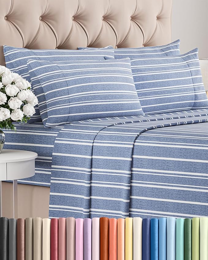Cal King 6 Piece Bed Sheet Set - Breathable & Cooling Sheets - Blue Stripes | Ultra-Soft Hotel Luxury Bedding Set with 8-16 Inch Deep Pockets, 1 Flat & 1 Fitted Sheet & 4 Pillowcases, Wrinkle & Fade Free