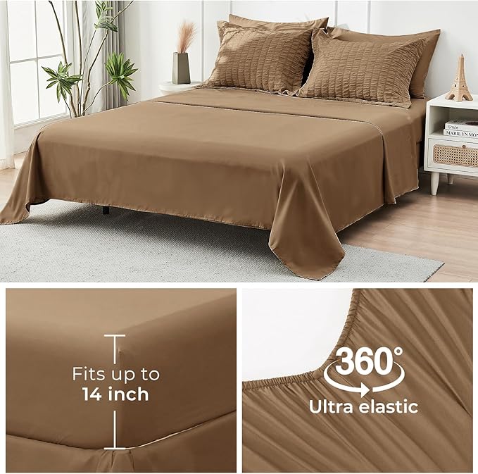 HYMOKEGE Brown Oversized Queen Comforter Set Seersucker 7 Pieces, All Season Luxury Bed in a Bag for Bedroom, Bedding Set with Comforter, Sheets, Pillowcases & Shams