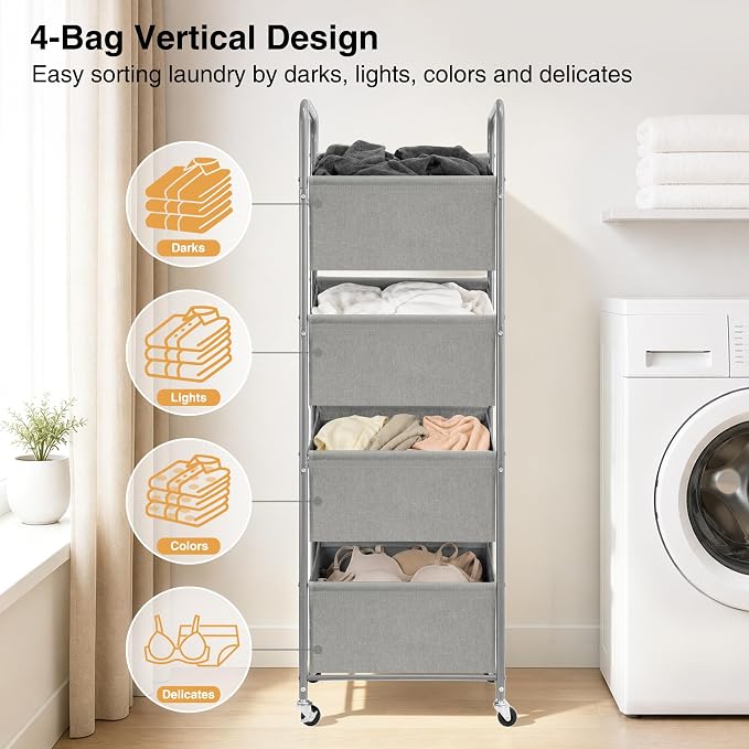 STO STO 4-Tier Vertical Rolling Laundry Hamper, Removable Bags, Gray Faric | 160L Capacity, Space-Saving Vertical Design, Rust-Resistant Steel Frame, Lockable Wheels, Ideal for Apartments & Small Spaces