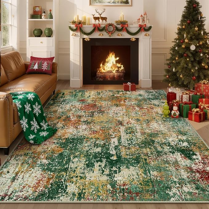 RELEANY Washable 9'x12' Abstract Area Rug for Living Room Green Multi | Carpet for Bedroom, Kitchen, Office, Hallway and Entryway, Printed Pattern, Non‑Slip, Soft, Stain‑Resistant, Easy to Clean
