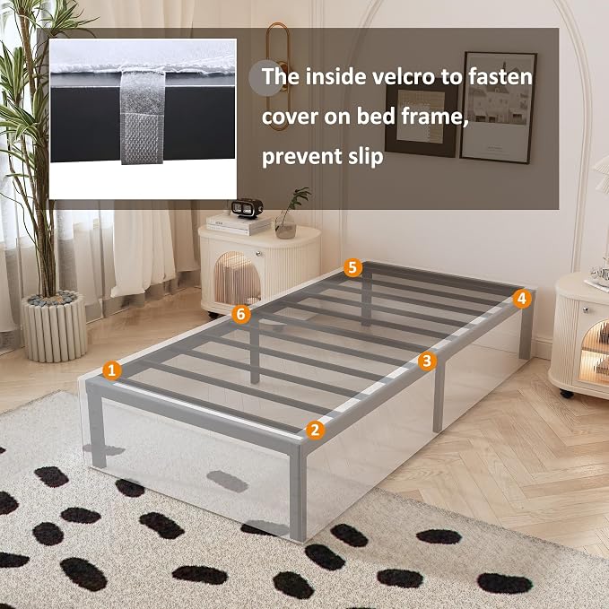 Maenizi 14 Inch XL Twin Bed Frame with White Fabric Cover, Heavy Duty Metal Twin XL Platform Bed Frame, No Box Spring Needed, Support Up to 2500 lbs, Easy Assembly, Noise Free, Black