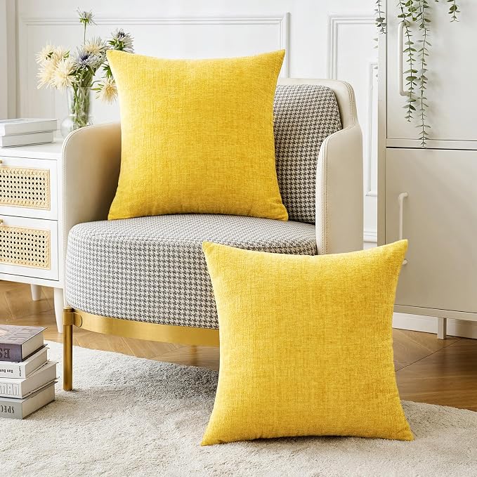 MIULEE Soft Chenille Throw Pillow Covers Yellow 18x18 Inch Pack of 2 | Modern Home Decor, Classic Decorative Pillows, Solid Dyed Cases, Boho Couch Cushion Covers for Sofa Bed Living Room