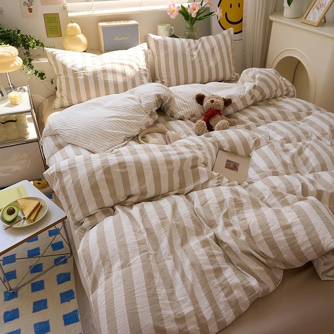 LifeTB Vintage Striped Comforter Set Twin XL, 3 Piece Brown White Stripes Pattern Printed Comforter with 2 Pillowcases, Soft Breathable Khaki Striped Bedding Comforter Farmhouse Twin XL Comforter Set
