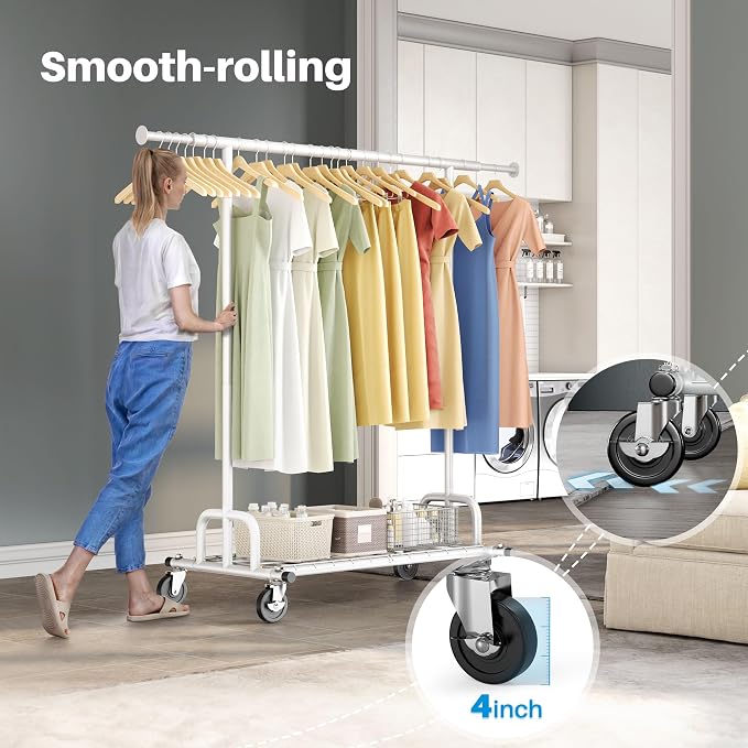 HOKEEPER Clothes Rack Collapsible Clothing Rack Capacity 525LBS White | Clothing Racks on Wheels Heavy Duty Rolling Clothes Rack for Hanging Clothes for bedroom, Commercial, 22"D x 75"W x 71"H