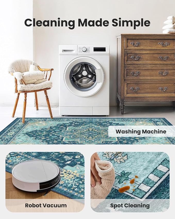 AMADA HOMEFURNISHING 2x6 Runner Rug, Vintage Distress Print Pattern Non Slip Area Carpet for Hallway Kitchen Bathroom Door Mat Indoor Entrance, Teal Blue