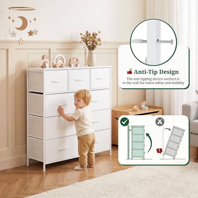 9-Drawer Dresser for Bedroom, Anti-Tip Tall Storage Organizer | Chest of Drawers with Wooden Top and Metal Frame Fabric Bins for Closet, Living Room, Hallway, Entryway, Ivory White
