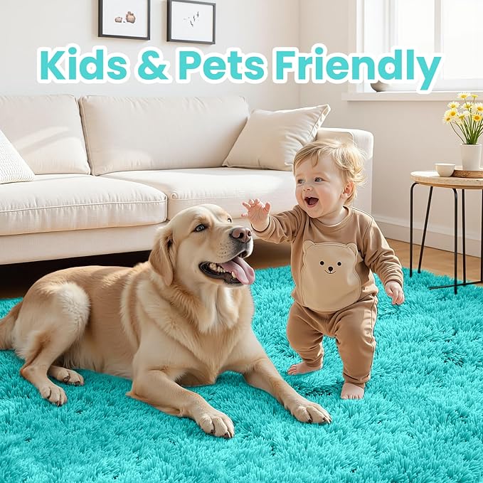 4x6 Fluffy Shag Area Rugs for Living Room Bedroom: Soft Carpet Teal Blue | Upgraded Non-Slip Thick Memory Foam, Ultra Soft, Non-Shedding Fuzzy Carpet, Easy Clean Decor for Kids Room, Nursery, Playroom