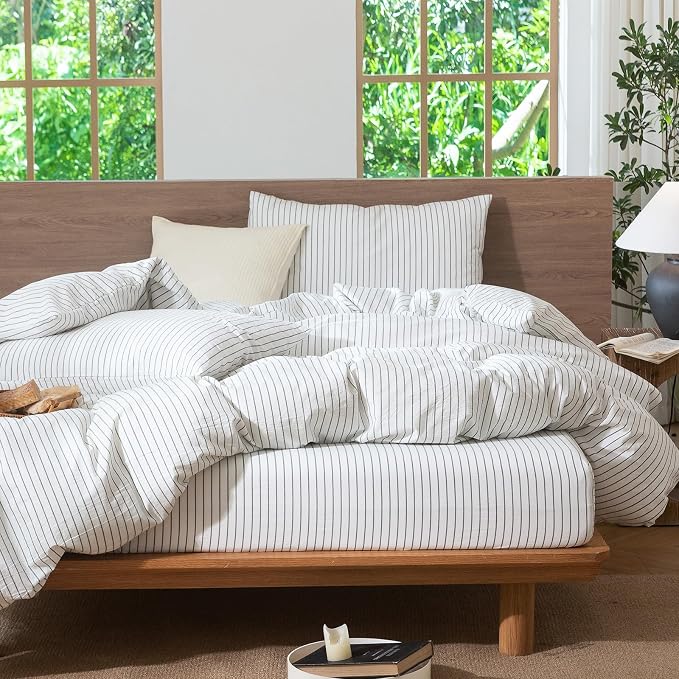 MooMee Striped Duvet Cover Set 100% Washed Cotton Linen Like Oversized King | Relaxed Linen-like Texture. Soft, Breathable & Long-lasting Comfort. Lightweight. Hidden Zipper with 8 Interior Corner Ties