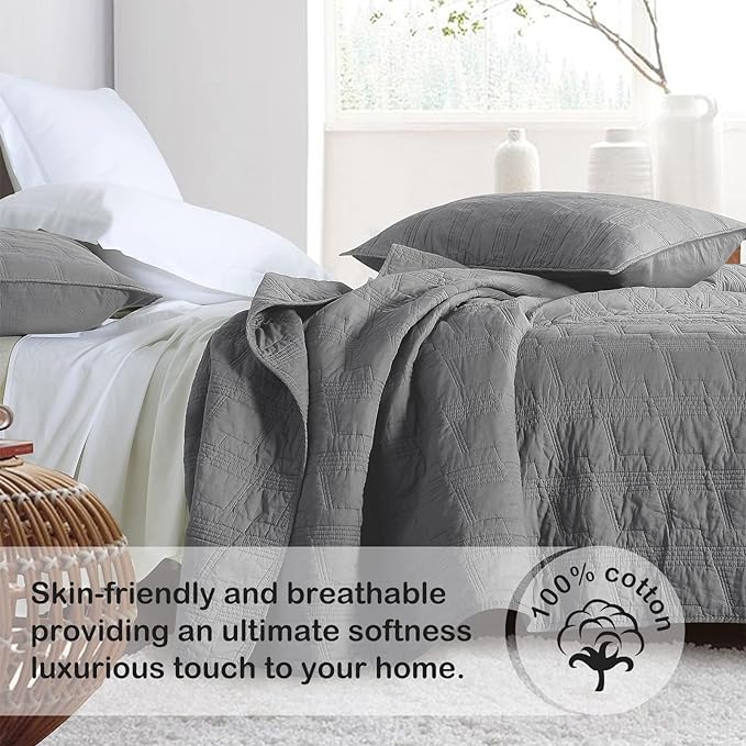 HORIMOTE HOME 100% Cotton Quilt Set Twin Size, Dark Grey Pre-Washed 2-Piece Bedspread Coverlet Set, Cozy Lightweight Stitching Bedding Cover with 1 Sham in Geometric Pattern for All Season