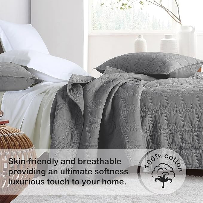 HORIMOTE HOME 100% Cotton Quilt Set King Size, Dark Grey Pre-Washed 3-Piece Bedspread Coverlet Set, Cozy Lightweight Stitching Bedding Cover with 2 Shams in Geometric Pattern for All Season