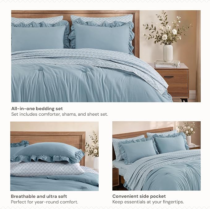King Size Comforter Set-7 Pieces Ruffle Bedding Floral Sheet | Misty Blue Bed in a Bag, Soft Lightweight All Season Farmhouse King Size Bedding Sets with Floral Sheets, Pillowcases & Shams