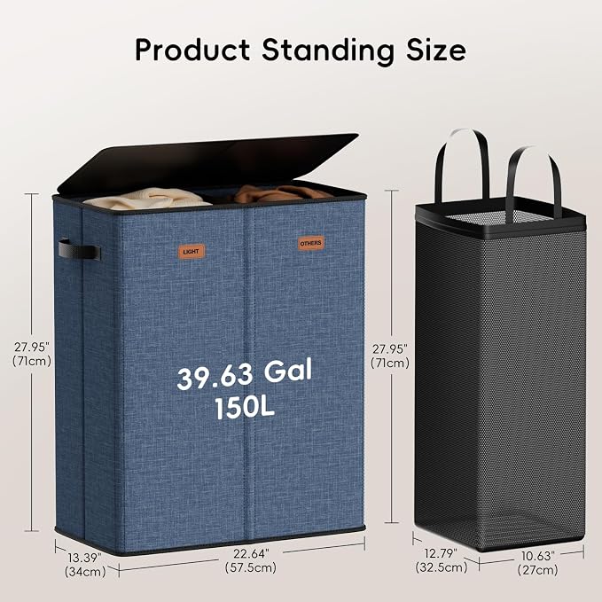 150L Double Laundry Hamper With Lid, Large Clothes Hampers with Removable Bag, Laundry Hamper 2 Section for Bathroom, Bedroom, Laundry Room, Dorm, Navy Blue