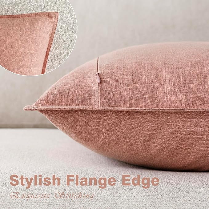 Foindtower Linen Solid Decorative Throw Pillow Covers 24x24 Inch Coral Pink | Boho Farmhouse Morden Pillowcase,Pack of 2 Soft Accent Cushion Covers,Rustic Home Decor for Chair Couch Bedroom Living Room