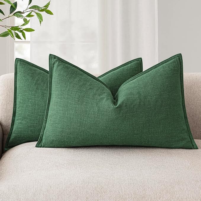 Foindtower Decorative Linen Lumbar Throw Pillow Covers 12x20 Pine Green | Pack of 2 Boho Farmhouse Pillowcase,Accent Neutral Solid Cushion Covers,Morden Home Decor for Couch Sofa Bedroom Living Room