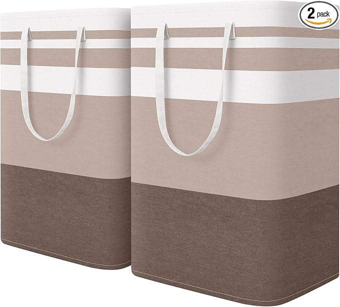 HomeHacks 2 Pack Large Laundry Baskets, Laundry Hampers Bags (Khaki 75Lx2) | Waterproof, Freestanding, Collapsible Clothes Hamper with Reinforced Handles in Laundry Room, Dorm, Bathroom, Bedroom