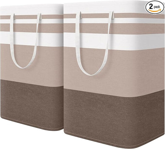 HomeHacks 2 Pack Large Laundry Baskets, Laundry Hampers Bags (Khaki 75Lx2) | Waterproof, Freestanding, Collapsible Clothes Hamper with Reinforced Handles in Laundry Room, Dorm, Bathroom, Bedroom