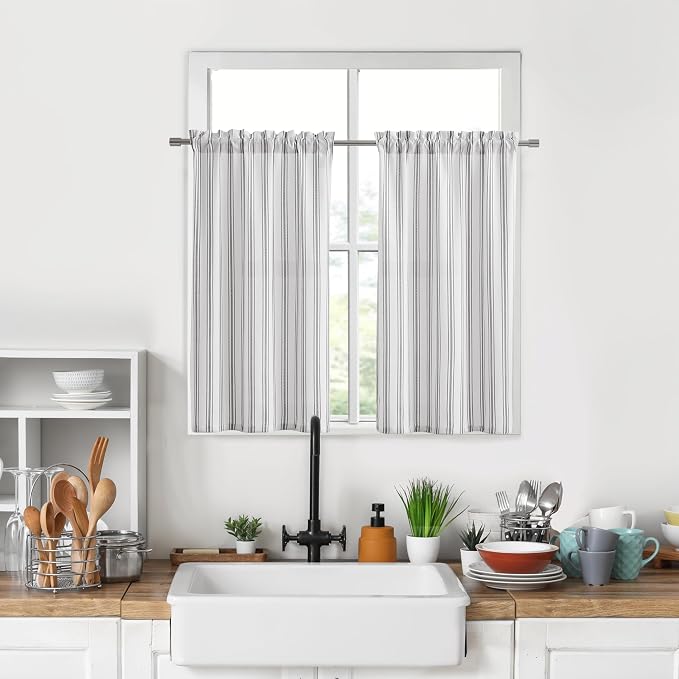 ZJDECOR Black White Cotton Blended Farmhouse Kitchen Curtains,27" Wx45 Lx2 | Cafe Kitchen Curtain,Light Filtering,Rod Pocket,Cotton Blended Tiers,Cottage Style,Bathroom RV Window Treatment