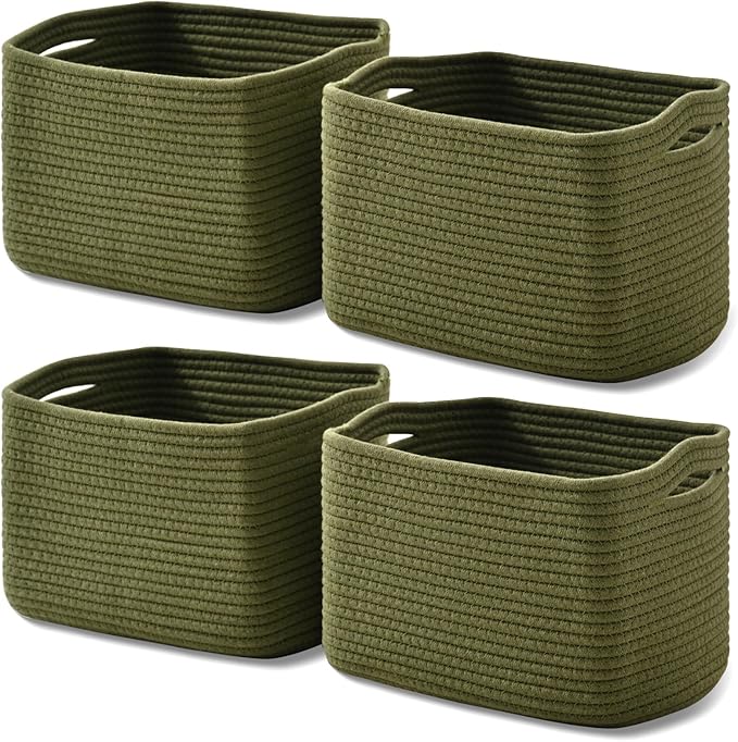 ICERZCZ Storage Basket for Shelves, Small Baskets for Organizing, Woven Cotton Rope Baskets for Storage, Book Basket, Decorative Shelf Basket, 12.5"Lx9.1''Wx7.9''H (4 Packs) Green