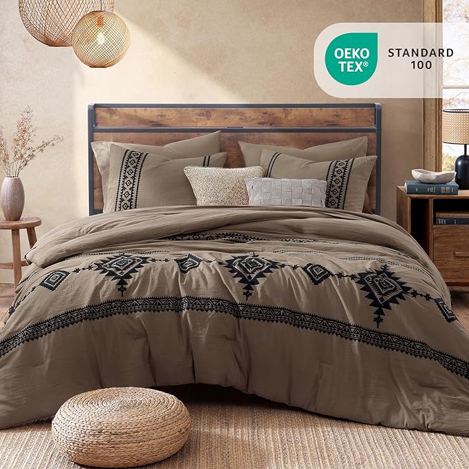 MaiRêve Embroidery King Size Comforter Set 7 Pieces Taupe Grey Bed in a Bag | Western Boho Farmhouse Bedding Sets with Comforter, Sheets, Pillowcases & Shams