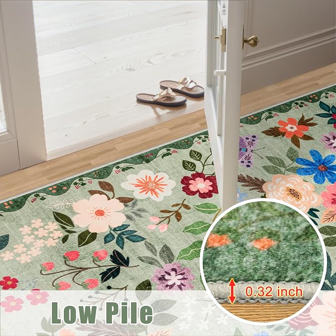 PLHXFR 2.6x8 Washable Runner Rug：Floral Indoor Kitchen Soft Carpet Green | For Hallway Bedroom Kitchen Laundry Bathroom Dorm,Vintage Floral,Machine washable,Non Slip,Stain Resistant,Indoor Floor