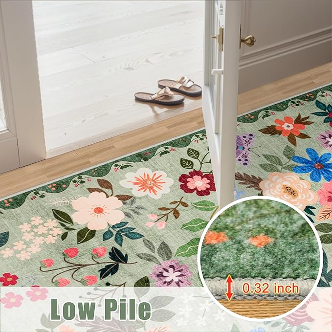 PLHXFR 2x3 Small Entryway Rug: Floral Washable Indoor Soft Carpet Green | For Entrance, Bedroom, Kitchen, Laundry, Bathroom,Door Mat,Vintage Floral,Machine washable,Non-Slip,Stain Resistant,Indoor