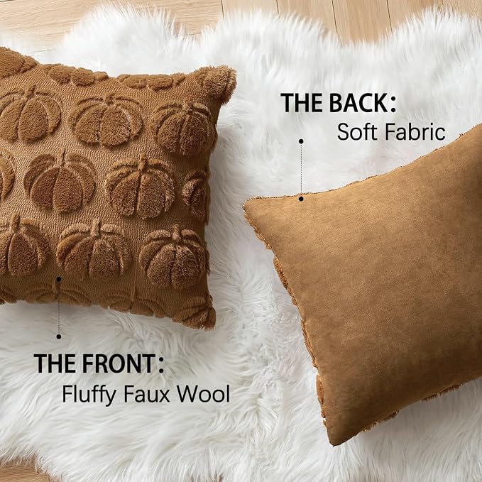 MIULEE Fall Pillow Covers Pumpkin Fall Decor 18x18 Brown | Set of 2 Fall Decorations for Home, Plush Faux Fur Farmhouse Accent Pillowcases, Porch Sofa Couch Cushion Bed Livingroom
