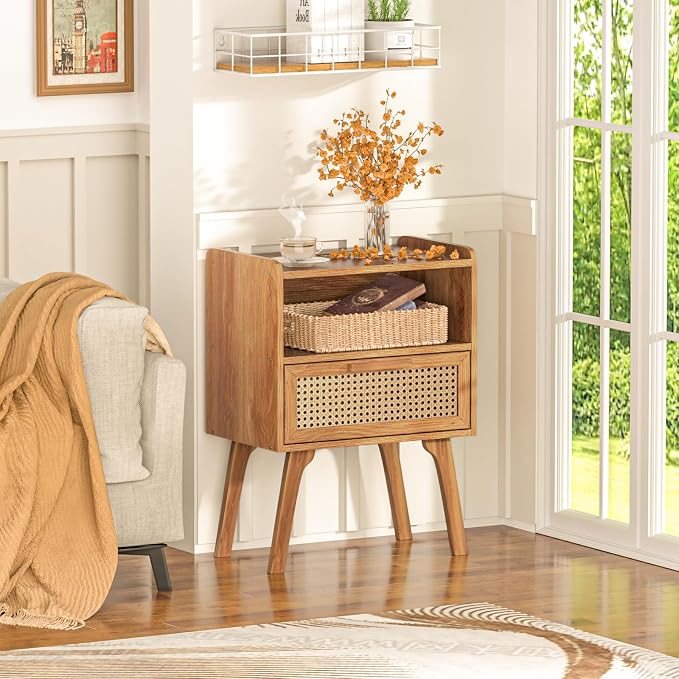 Lerliuo Rattan Nightstands Set of 2, Side Table with Drawer | Bedside End Table with Solid Wood Legs, Mid Century Modern Night Stand for Bedroom, Dorm and Small Spaces (Tea Brown)