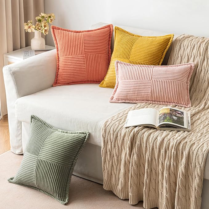 MIULEE Decorative Throw Pillow Covers for Couch 18x18 Light Olive Green | 2 Pack, Boho Broadside Striped Patchwork Pillow Covers, Soft Corduroy Cushion Cases, For Sofa Bed Livingroom Home Decor