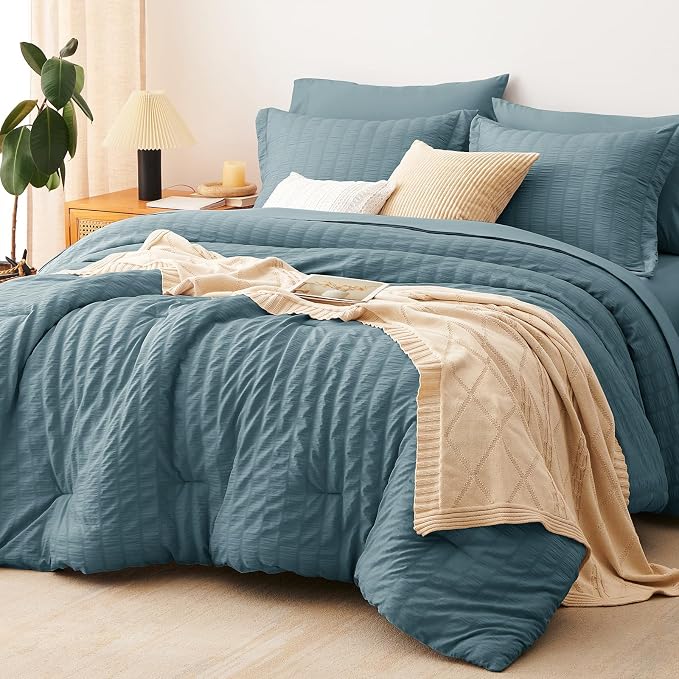 King Comforter Set, 7 Pieces Mineral Blue Seersucker Bed in a Bag | OEKO-TEX Certified, All Season Bedding Set with 240 GSM Down Alternative Comforter, Flat & Fitted Sheets, Pillowcases & Shams