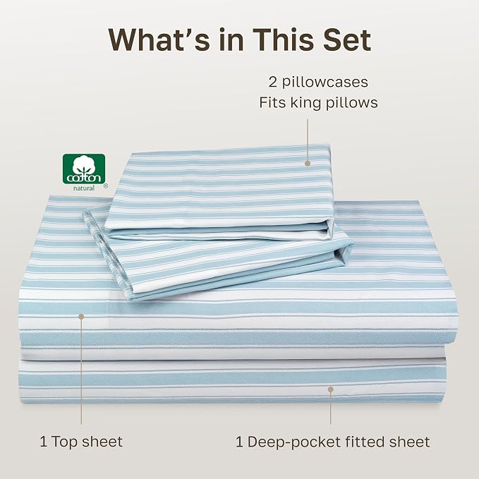 California Design Den Soft 100% Cotton Sateen Cali King Sheets Set, 4 Pcs | 400 Thread Count Backed by Good Housekeeping Seal, 16" Deep Pocket, All-Around Elastic, Durable - Cape Stripe Blue Print