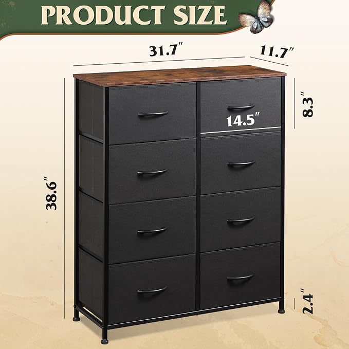 WLIVE Tall Fabric Dresser with 8 Drawers, Storage Tower with Fabric Bins, Double Dressers, Chest of Drawers for Closet, Bedroom, Living Room, Hallway, Dorm, Black and Rustic Brown | Black tall 8-drawer fabric dresser with bins, sleek modern tower for b...