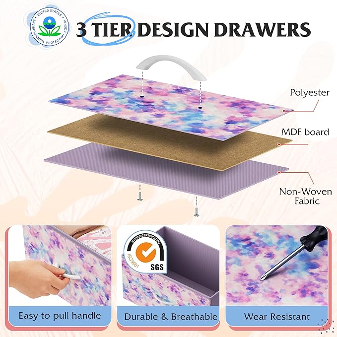 WLIVE Dresser for Bedroom, 7 Drawers, TV Stand, Tie-Dye | 7 roomy fabric drawers, Fits TVs up to 45 inch, Bedroom or living room, Wide storage design, Chest of drawers