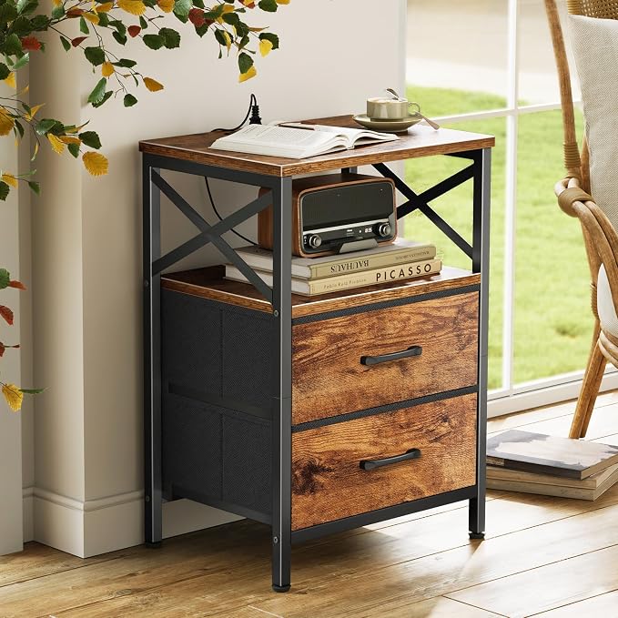 Huuger Nightstand Set of 2 with Charging Station, USB-C Port, End Tables | Night Stand with 2 Drawer Side Table with Open Shelf, Bedside Table for Small Spaces, X Shaped Side Rail, Rustic Brown