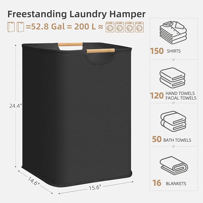 STORAGE MANIAC 2-Pack Large Laundry Hamper, 100L (26.4 Gal) Collapsible Laundry Basket with Bamboo Handles, Freestanding Waterproof Clothes Hamper for Bedroom, Dorm, Towels, Black+White