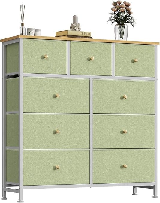 OLIXIS 9 Drawer Tall Dresser for Bedroom, Closet Organizers and Storage | Fabric Dresser with Wooden Top, Chest of Drawers for Clothes Storage, Tower Cabinet, Furniture, TV Stand, Light Green