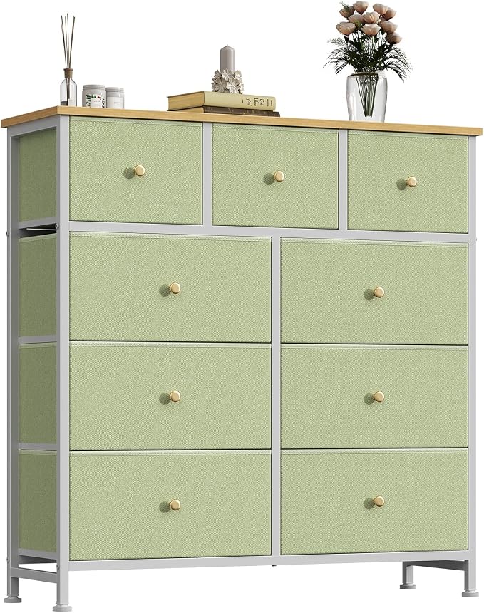 DUMOS 9 Drawer Dresser for Bedroom, Storage Organizer Chest of Drawers | Fabric Bins Storage Tower with Sturdy Metal Frame, Wood Tabletop for Closet, Light Green