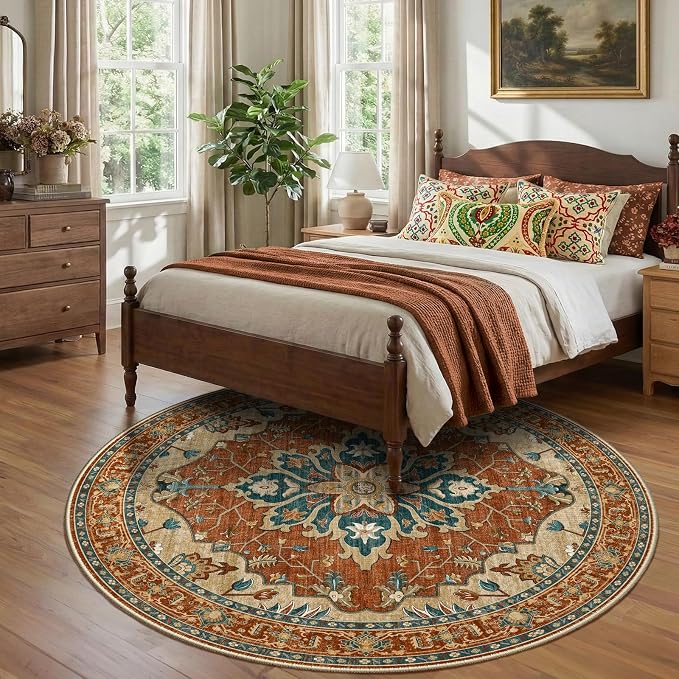 RELEANY Washable Area Rug, Round 8ft, Red/Orange/Blue/Brown | Non-Slip, Water Repellent, Pet Friendly, Easy to Clean, Vintage Floral Boho Decor for Living Room Bedroom Dining Room