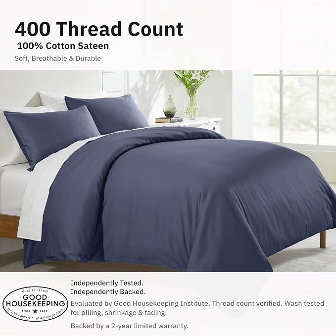 California Design Den Full/Queen Duvet Cover Set, Indigo Dusty Blue | 3-Piece Set with 2 Pillow Shams, Backed by Good Housekeeping Seal, Button Closure & Corner Ties, 400 TC 100% Cotton Sateen