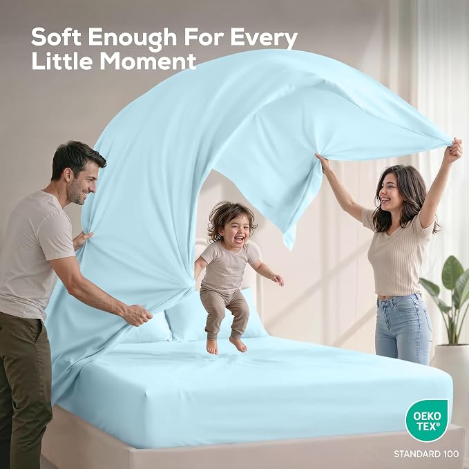 Queen Sheets Set, 4 Pieces 16" Deep Pocket Hotel Luxury Bedsheets, Ice Blue | Extra Soft Bedsheet Set, Comfy & Breathable Cooling Sheets, Wrinkle & Fade Resistant, Fitted Sheet, Flat Sheet, 2 Pillowcases