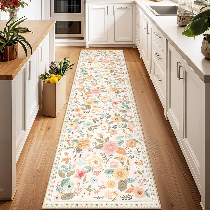 Floral Washable 2x6 Area Rugs Runner Entryway Hallway Beige/White/Orange | Flower Carpet, Print, Boho, Non-Slip, Easy to Clean, Low Pile, Soft, for Living Room Bedroom Kitchen Office Entrance