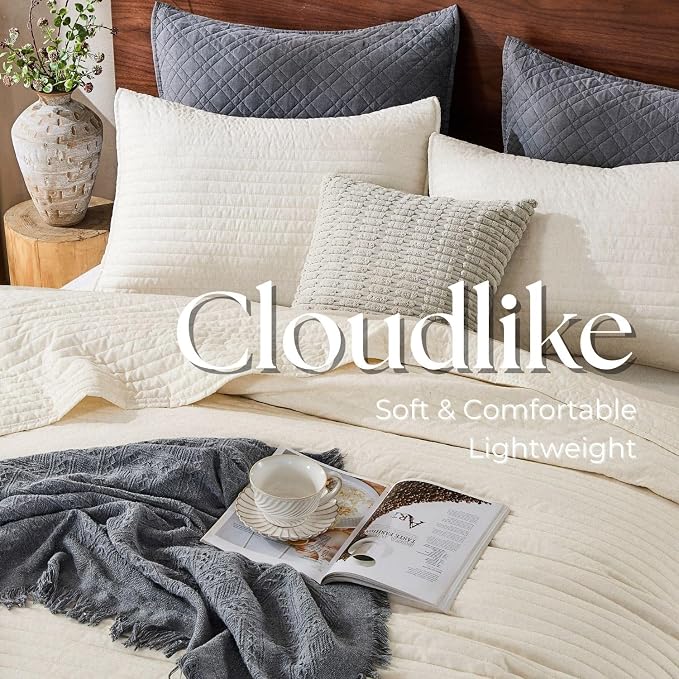 DOWN HOME Twin Quilt Bedding Set with Sham, Vintage Washed Soft Quilted Blanket Thin Comforter Lightweight Bedspread Coverlet Bed Cover, Brushed Microfiber Stripe Stitching, Linen White, 66"x92"