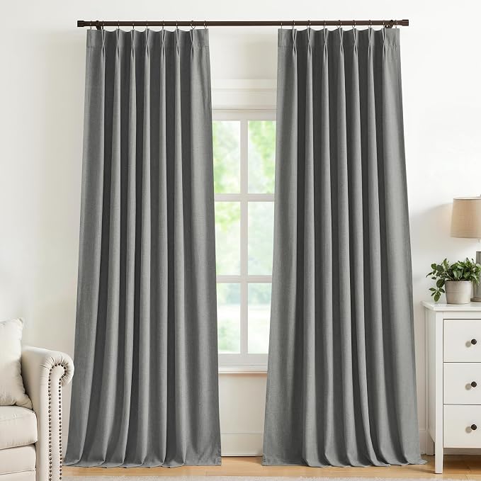 Vision Home Pinch Pleated Dark Grey Blackout Curtains 108 inch Linen Blended Room Darkening Drapes with Thermal Insulation & Back Tab Hooks for Bedroom Living Room, 40" Wx108 L 2 Panels