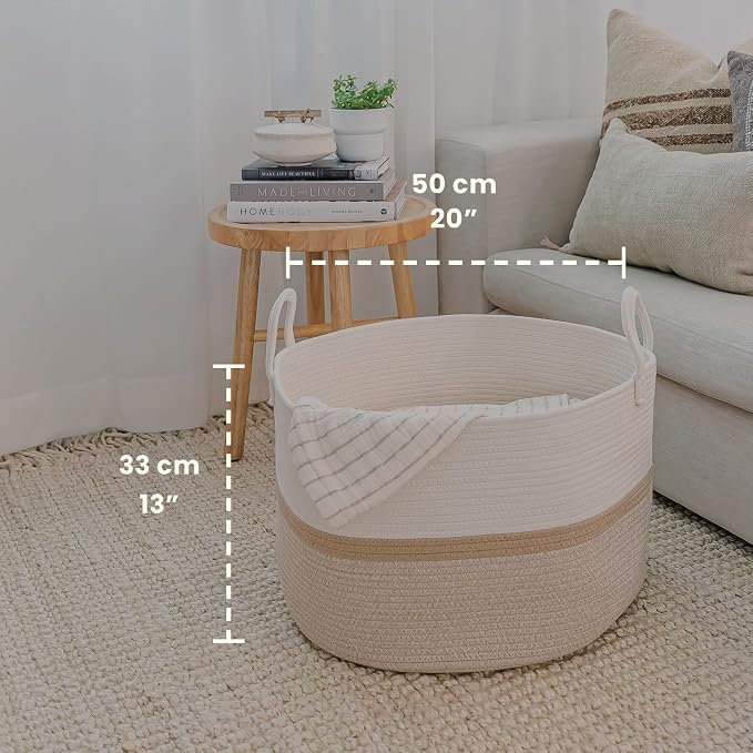 OrganiHaus Round Toy Basket & Blanket Basket, Cotton Rope 20x13" | Striped Honey - Round Cotton Rope Basket, 20x13"