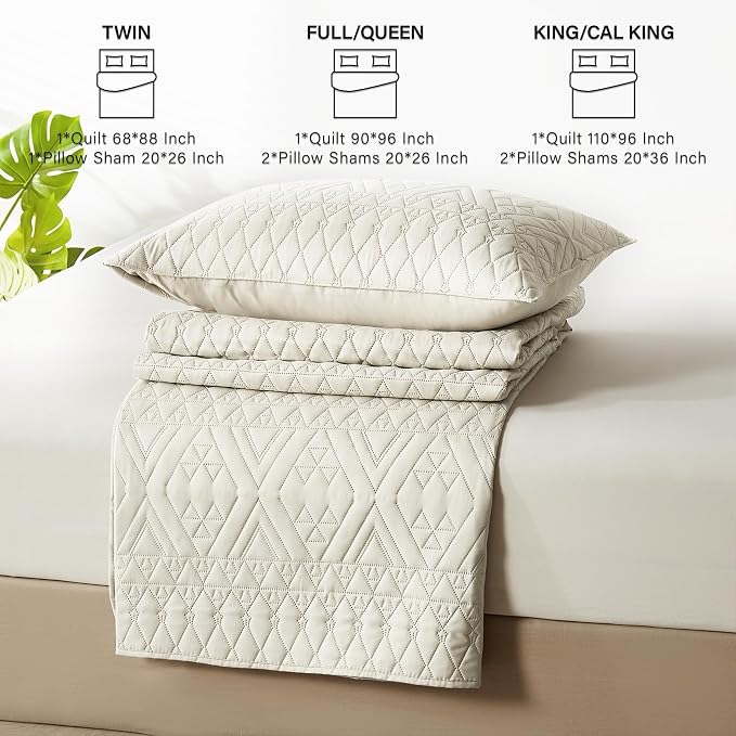 akkialla King/Cal King Quilt Set, Boho Style in a Solid Color, Cream Lightweight Microfiber Bedspread, Soft and Breathable Coverlet for All Seasons, 3-Piece Bedding Set (1 Quilt, 2 Pillow Shams)