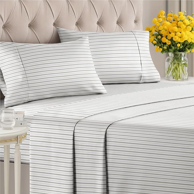 King 4 Piece Striped Sheet Set - Soft, Breathable & Cooling - Double Gray | 1 Flat, 1 Fitted & 2 Pillowcases w/ Deep Pockets, Luxury Striped Bedding, Soft, Breathable & Cooling, Wrinkle & Fade Free