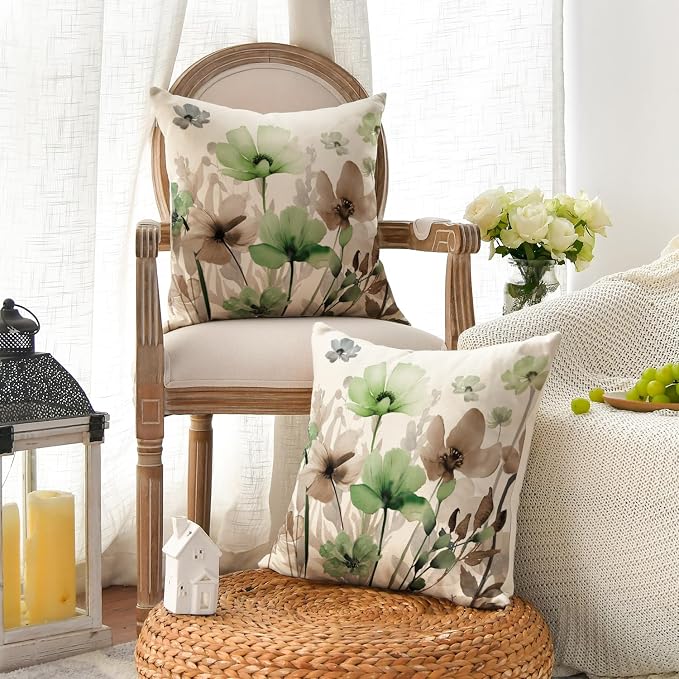 AVOIN colorlife Poppy Flowers Pillow Covers 18x18 Inch Set of 2 | Chinoiserie Sage Green Brown Seasonal Leaves Cushion Case Decoration for Sofa Couch Farmhouse